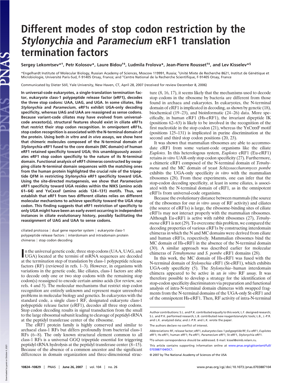 Different Modes of Stop Codon Restriction by the Stylonychia and Paramecium Erf1 Translation Termination Factors