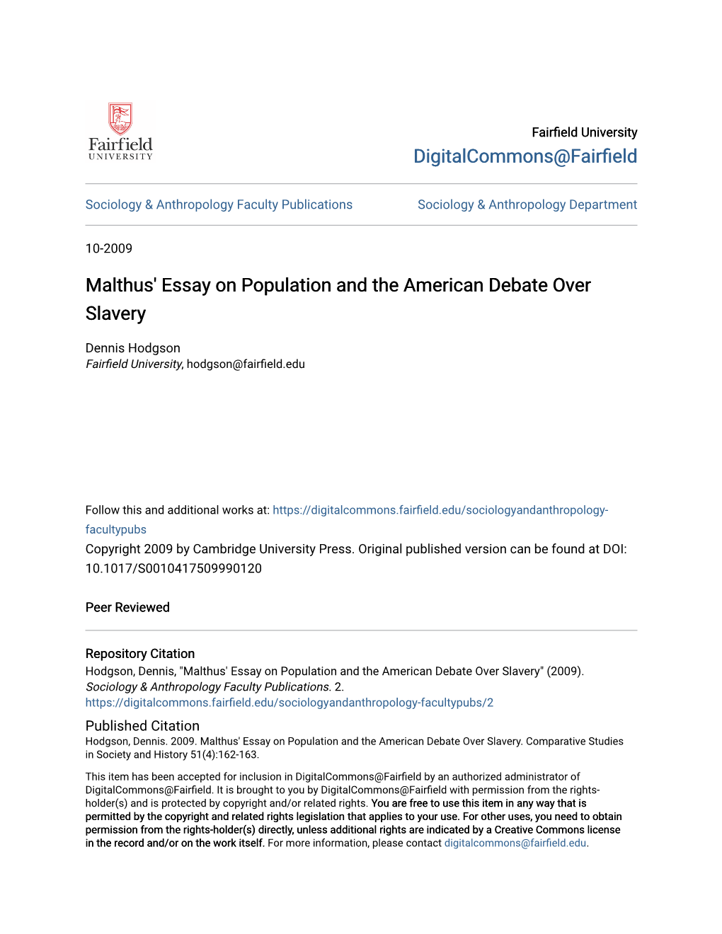 Malthus' Essay on Population and the American Debate Over Slavery