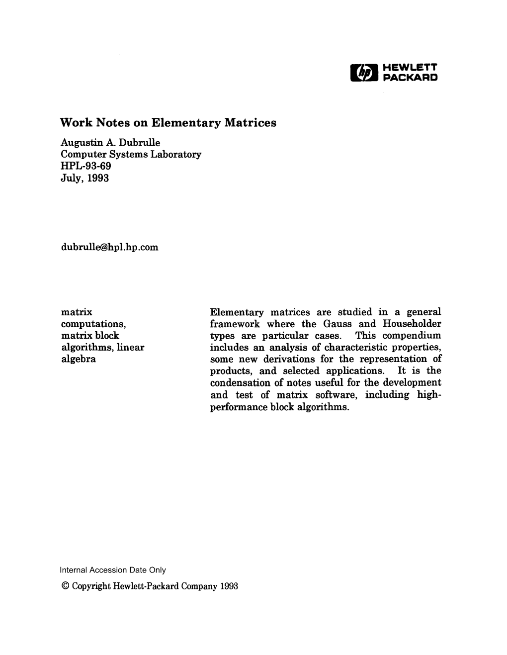 Work Notes on Elementary Matrices Augustin A