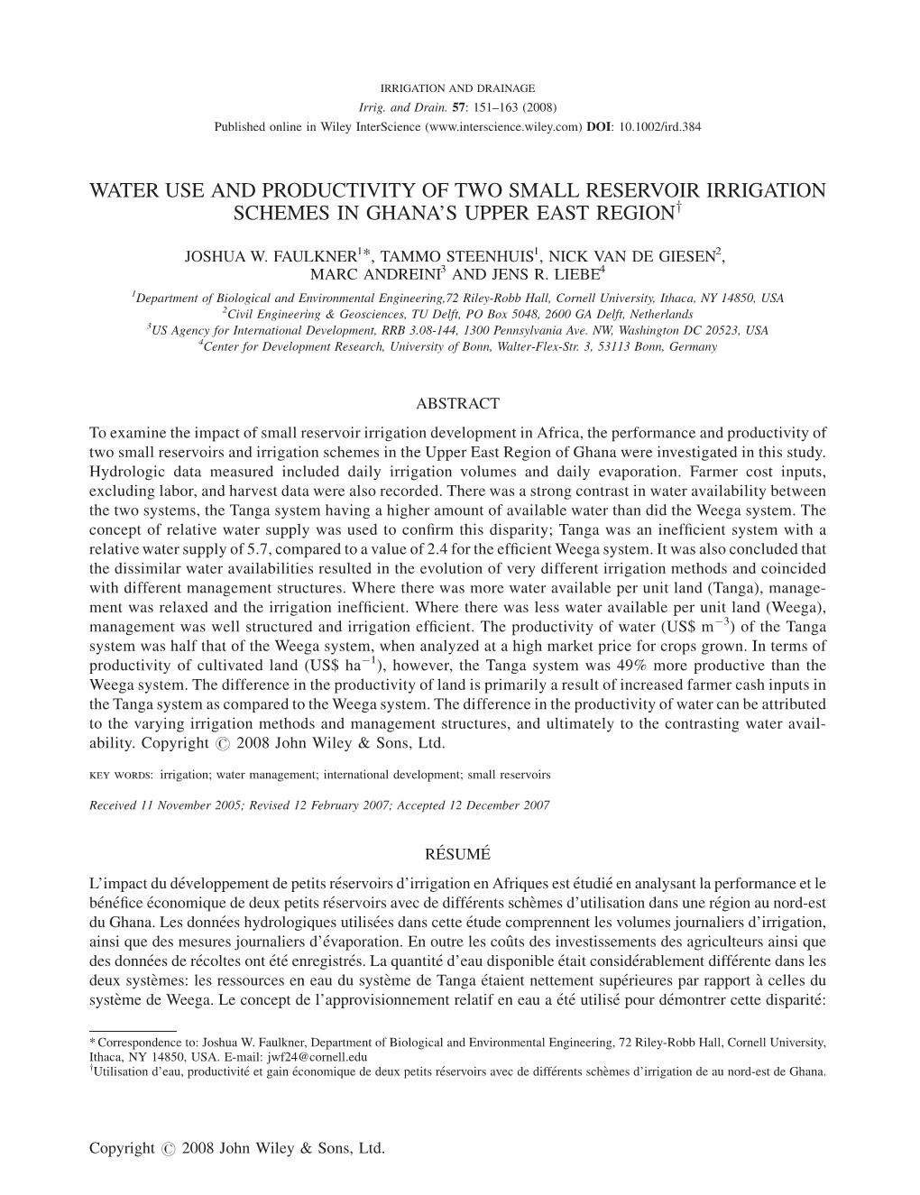 WATER USE and PRODUCTIVITY of TWO SMALL RESERVOIR IRRIGATION SCHEMES in GHANA’S UPPER EAST Regiony