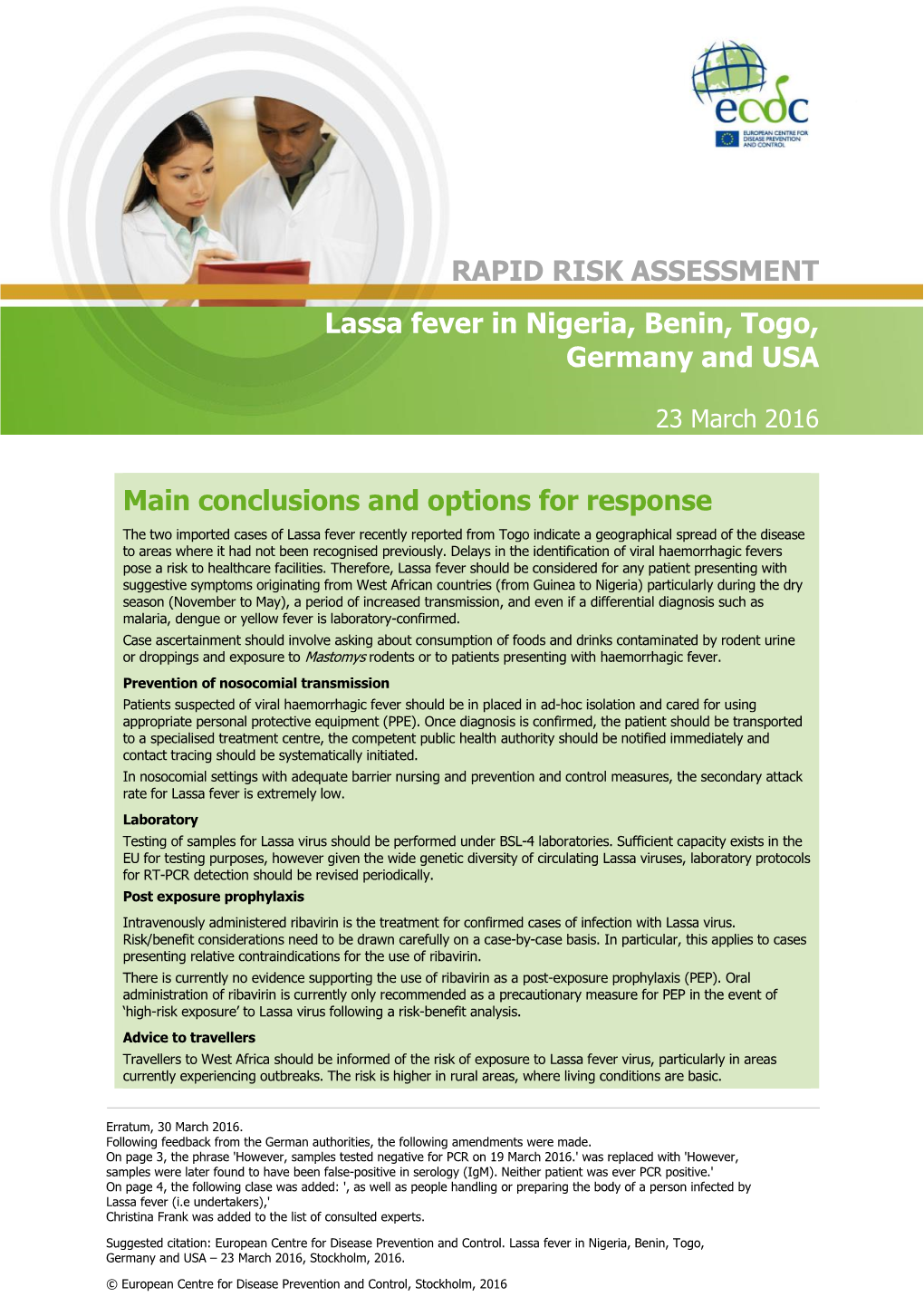 RRA on Lassa Fever in Nigeria, Benin, Togo, Germany And
