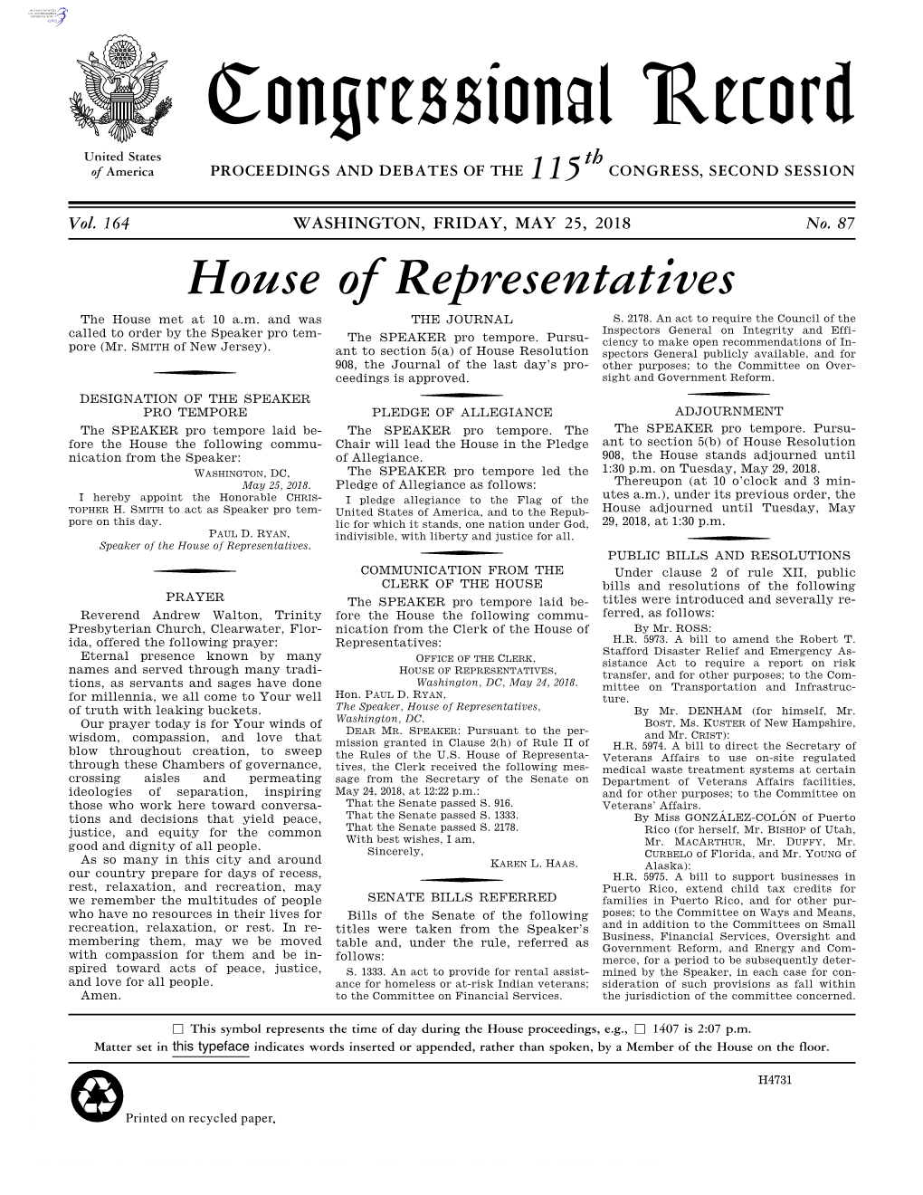 Congressional Record United States Th of America PROCEEDINGS and DEBATES of the 115 CONGRESS, SECOND SESSION