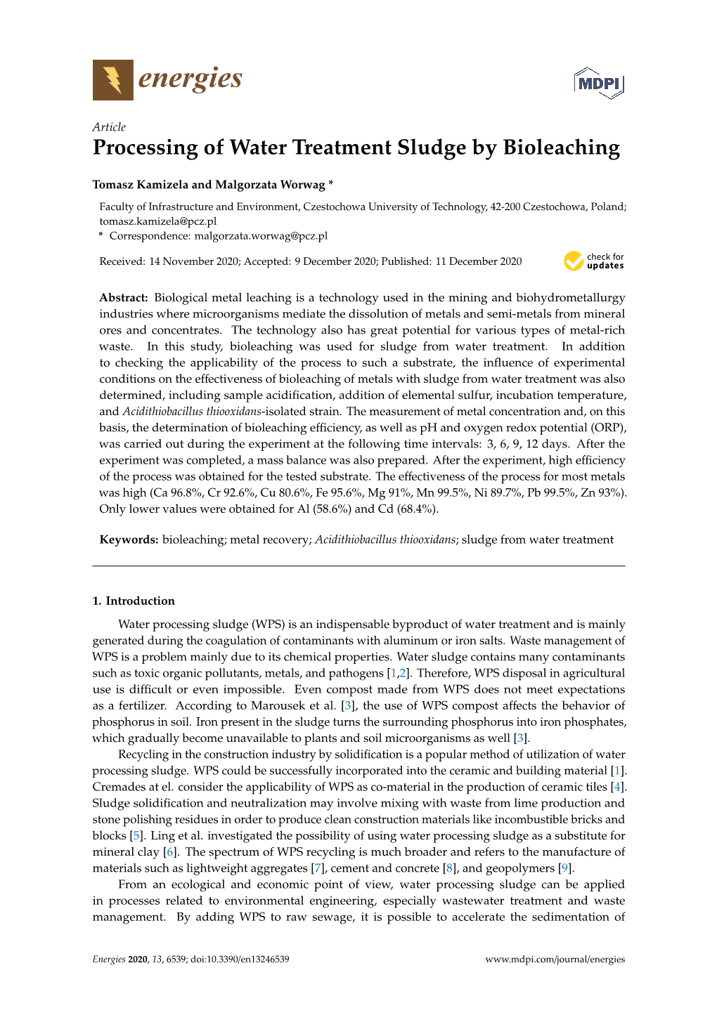 Processing of Water Treatment Sludge by Bioleaching