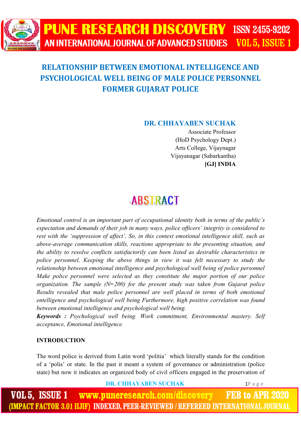 Relationship Between Emotional Intelligence and Psychological Well Being of Male Police Personnel Former Gujarat Police
