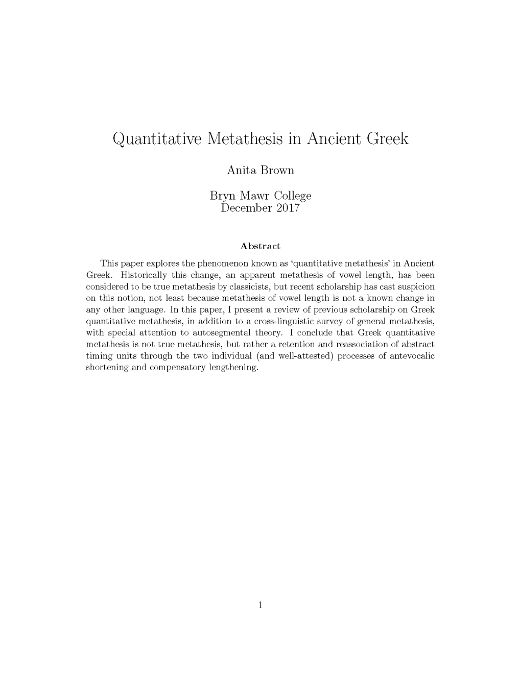 Quantitative Metathesis in Ancient Greek