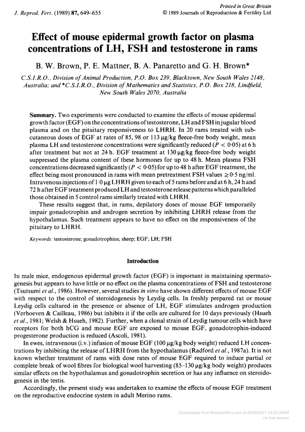 Effect of Mouse Epidermal Growth Factor on Plasma Concentrations of LH, FSH and Testosterone in Rams B