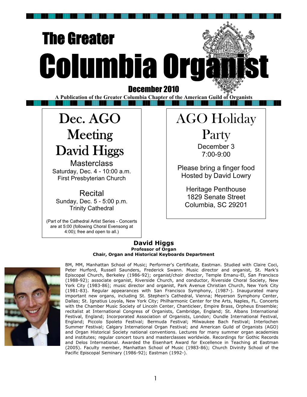 The Greater Columbia Organist December 2010 a Publication of the Greater Columbia Chapter of the American Guild of Organists