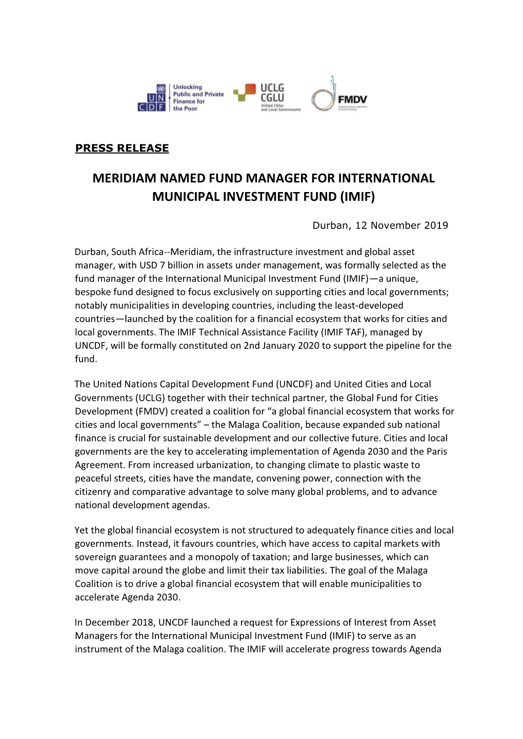 Meridiam Named Fund Manager for International Municipal Investment Fund (Imif)