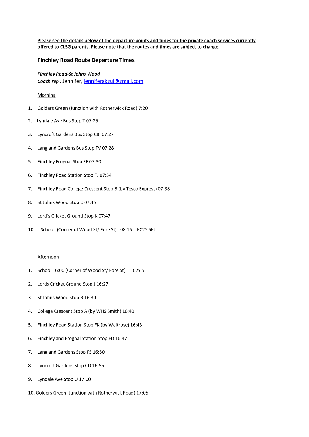 Finchley Road Route Departure Times