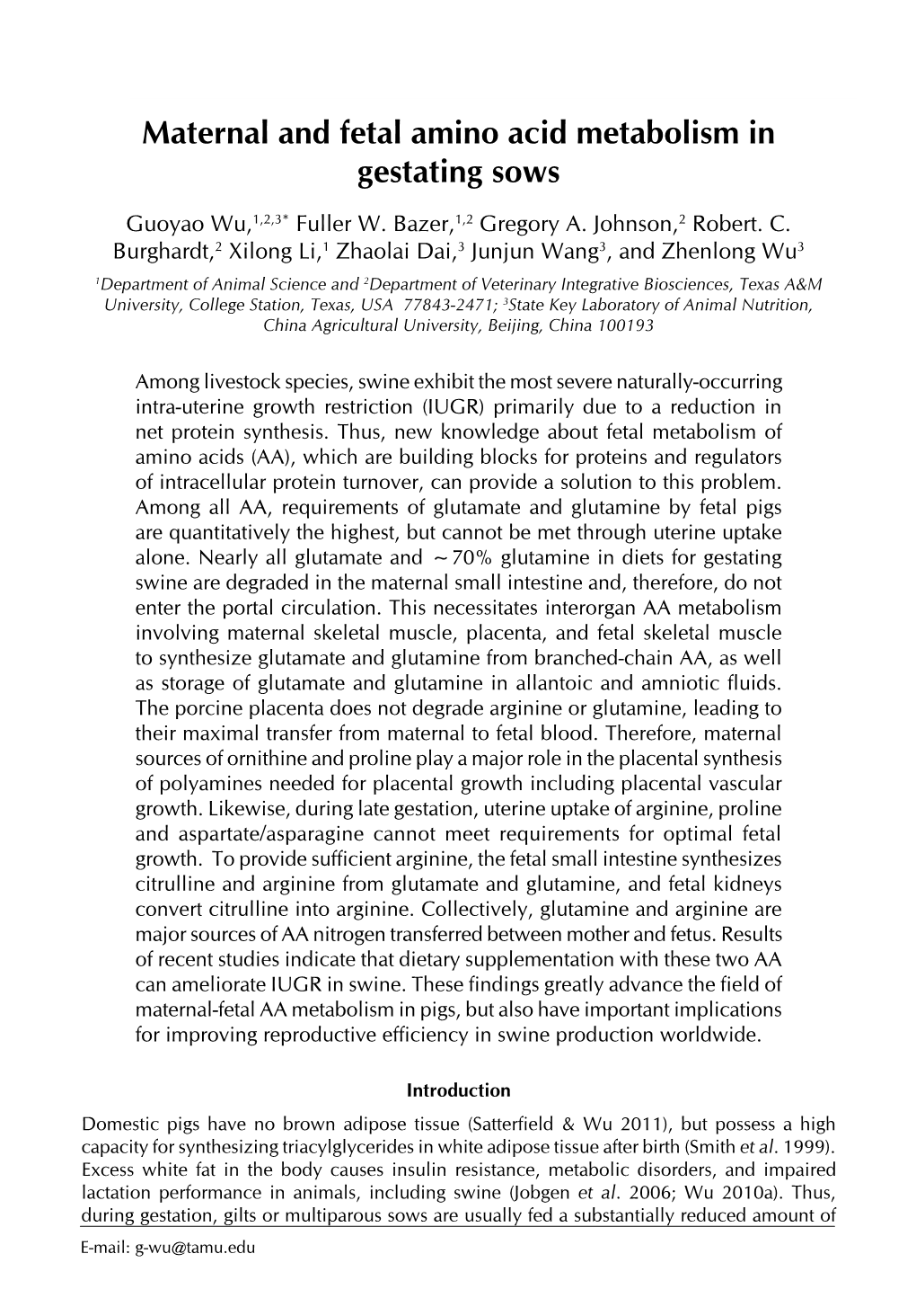 Maternal and Fetal Amino Acid Metabolism in Gestating Sows