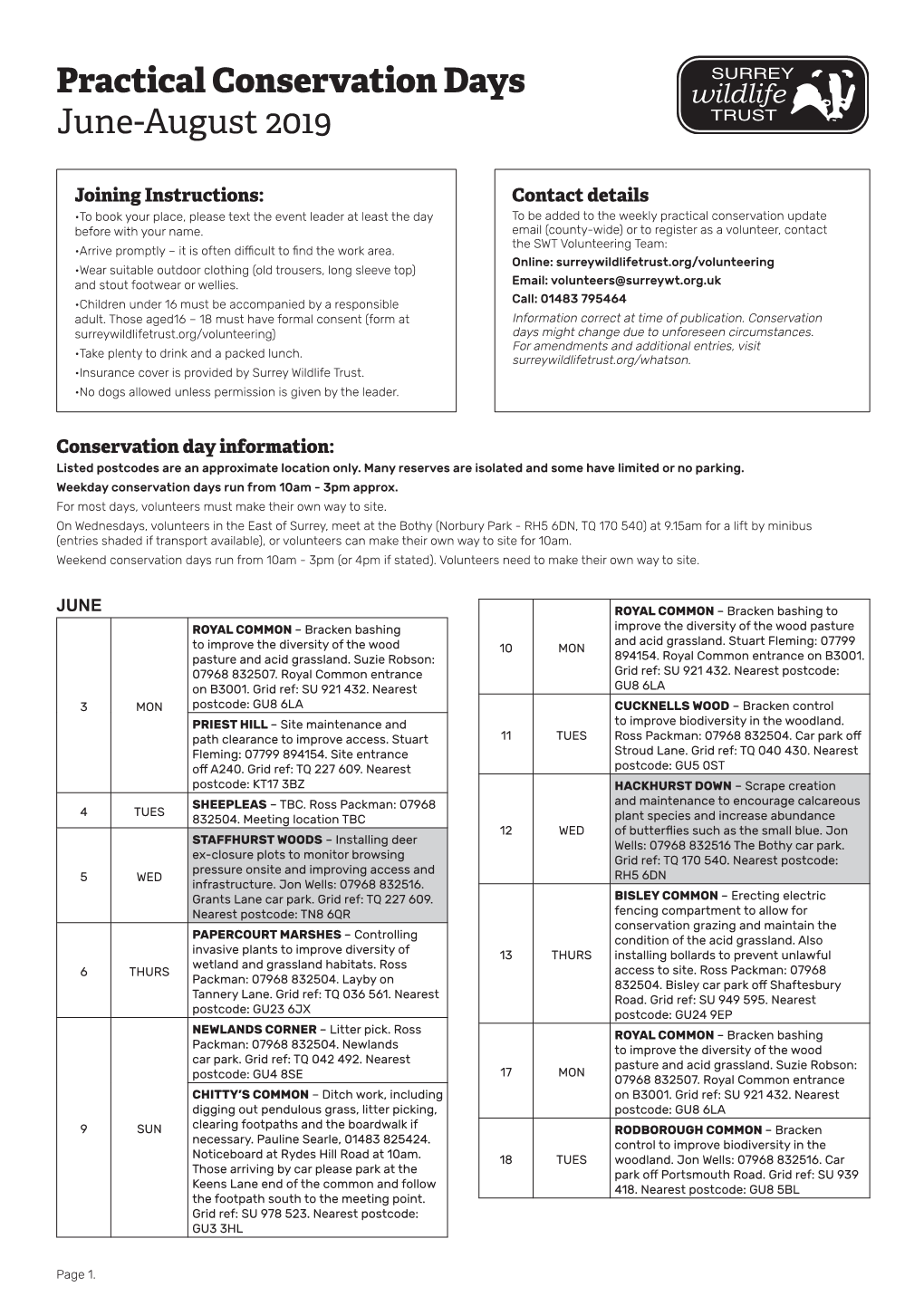 Practical Conservation Days June-August 2019