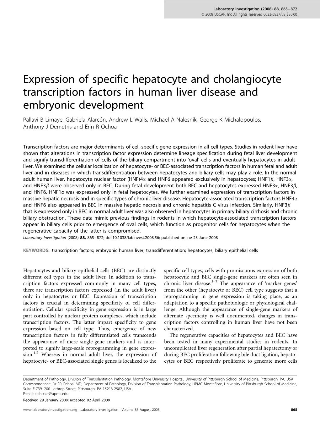 Expression of Specific Hepatocyte and Cholangiocyte Transcription Factors