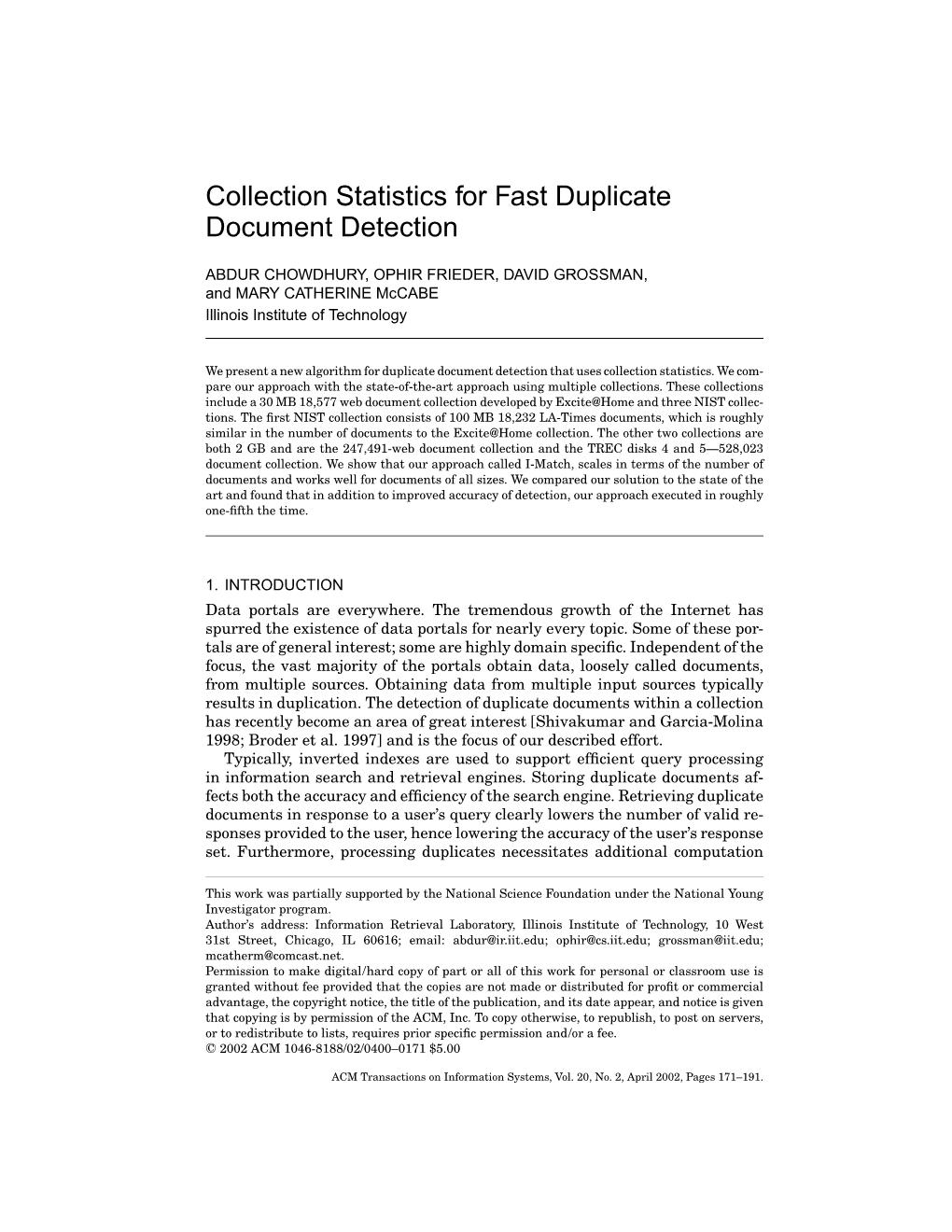 Collection Statistics for Fast Duplicate Document Detection