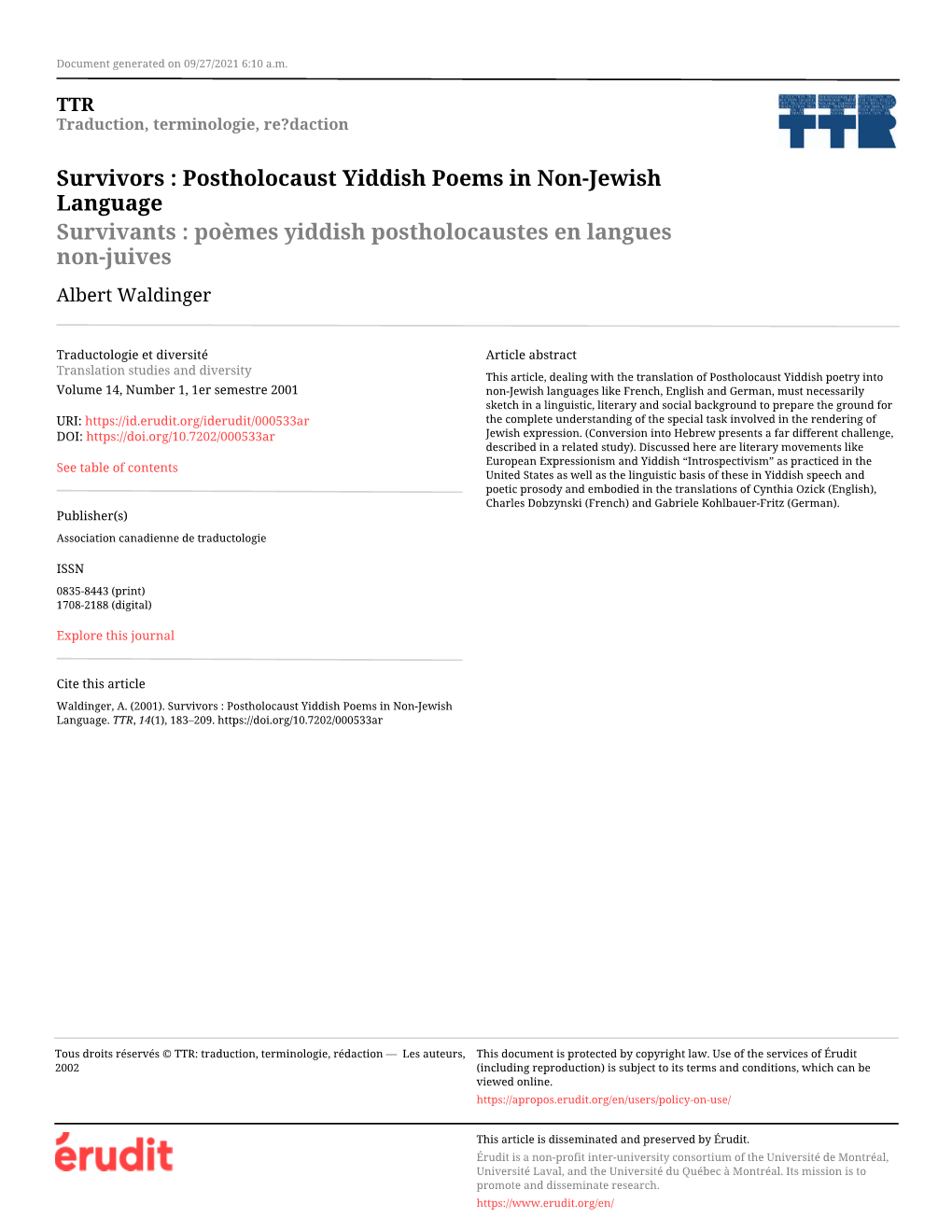 Postholocaust Yiddish Poems in Non-Jewish Language Survivants : Poèmes Yiddish Postholocaustes En Langues Non-Juives Albert Waldinger