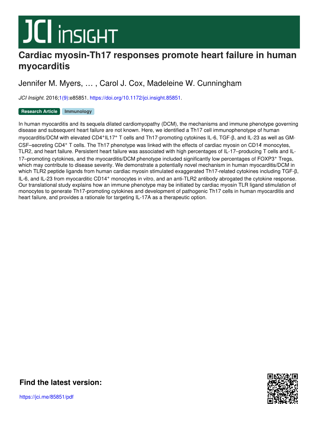 Cardiac Myosin-Th17 Responses Promote Heart Failure in Human Myocarditis