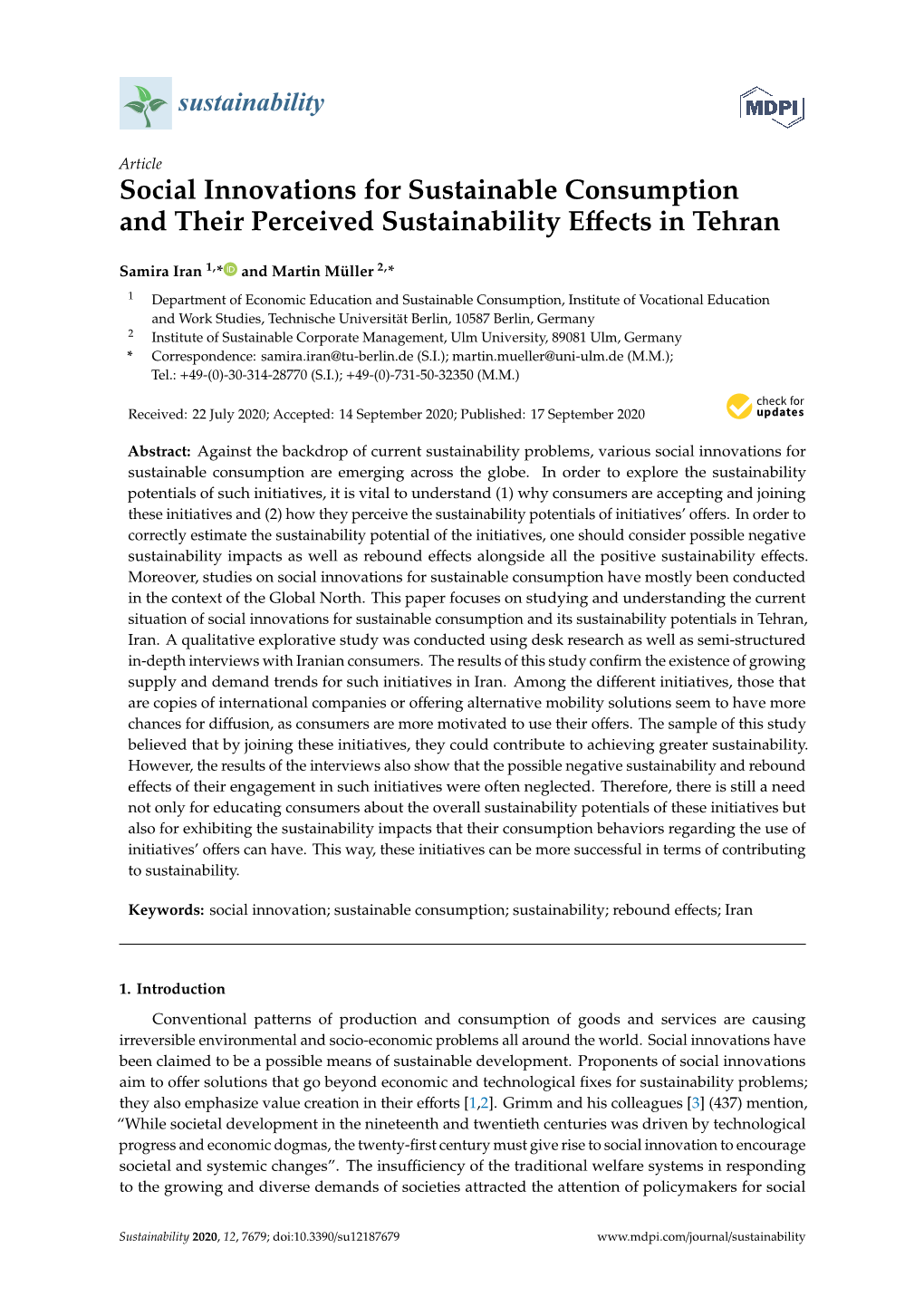 Social Innovations for Sustainable Consumption and Their Perceived Sustainability Eﬀects in Tehran