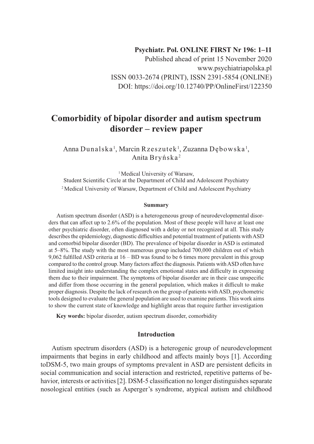 Comorbidity of Bipolar Disorder and Autism Spectrum Disorder – Review Paper
