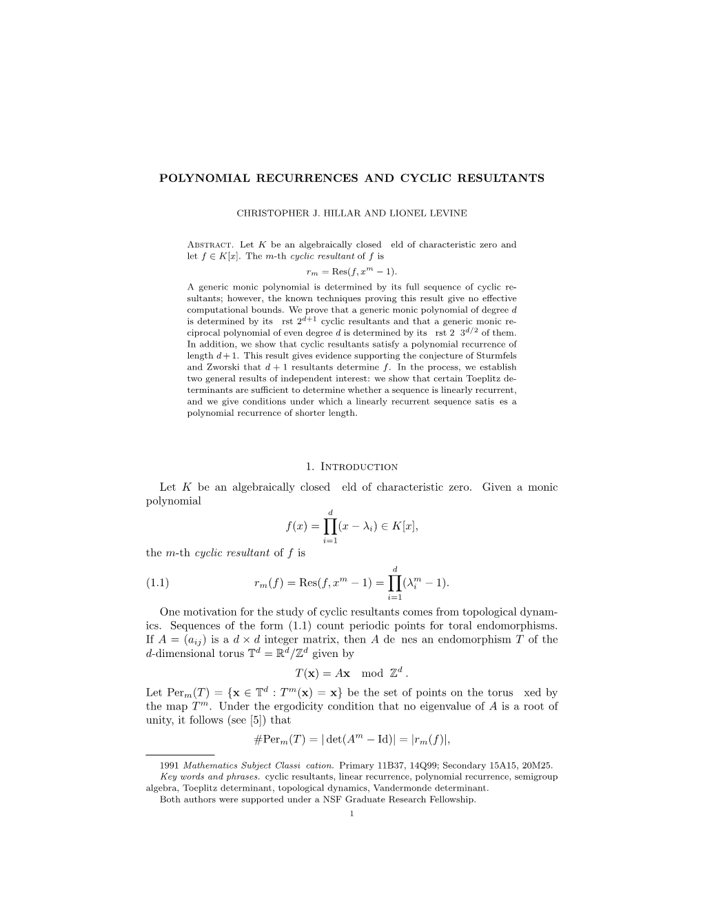 Polynomial Recurrences and Cyclic Resultants