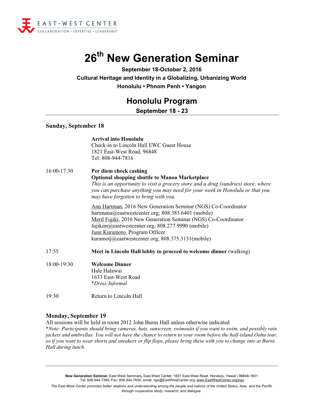 26Th NGS Honolulu Agenda