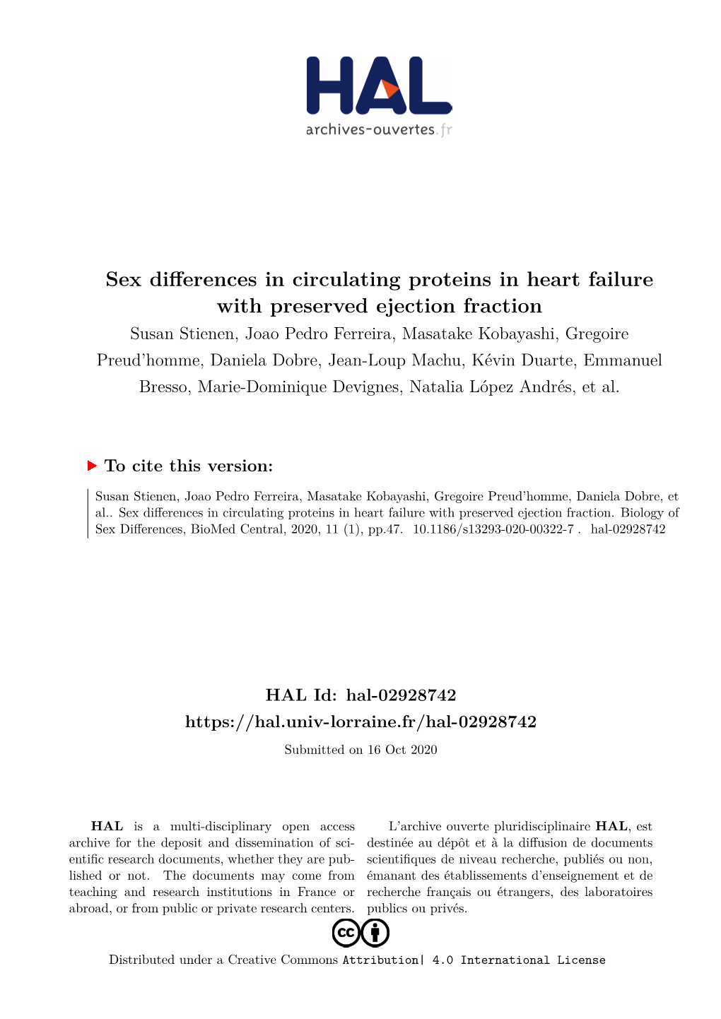 Sex Differences in Circulating Proteins in Heart Failure with Preserved