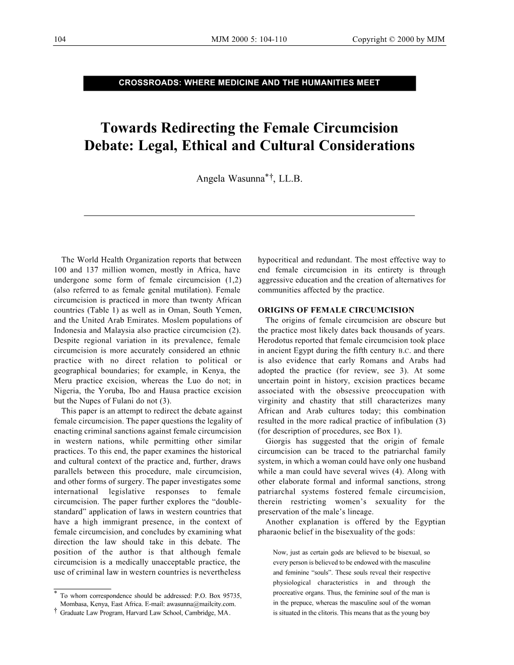 Towards Redirecting the Female Circumcision Debate: Legal, Ethical and Cultural Considerations