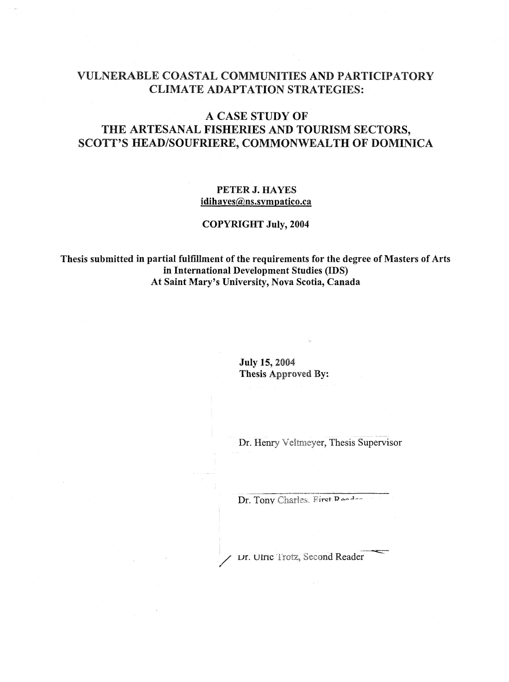 (:Ji:Sic Sritidtf Or the ARTESANAL FISHERIES and TOURISM SECTORS, SCOTT's HEAD/SOUFRIERE, COMMONWEALTH of DOMINICA