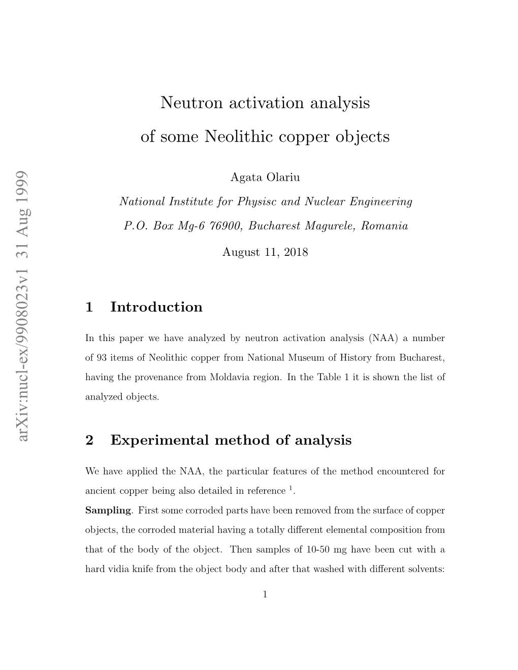 Neutron Activation Analysis of Some Neolithic Copper Objects