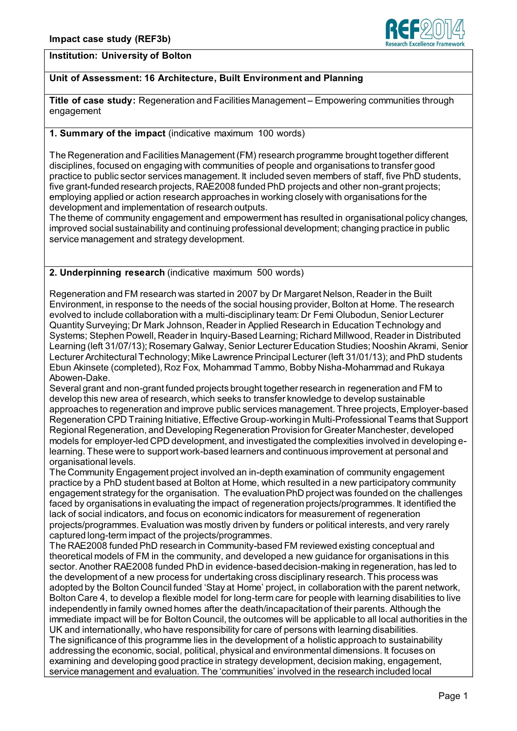 Impact Case Study (Ref3b) Page 1 Institution: University of Bolton Unit