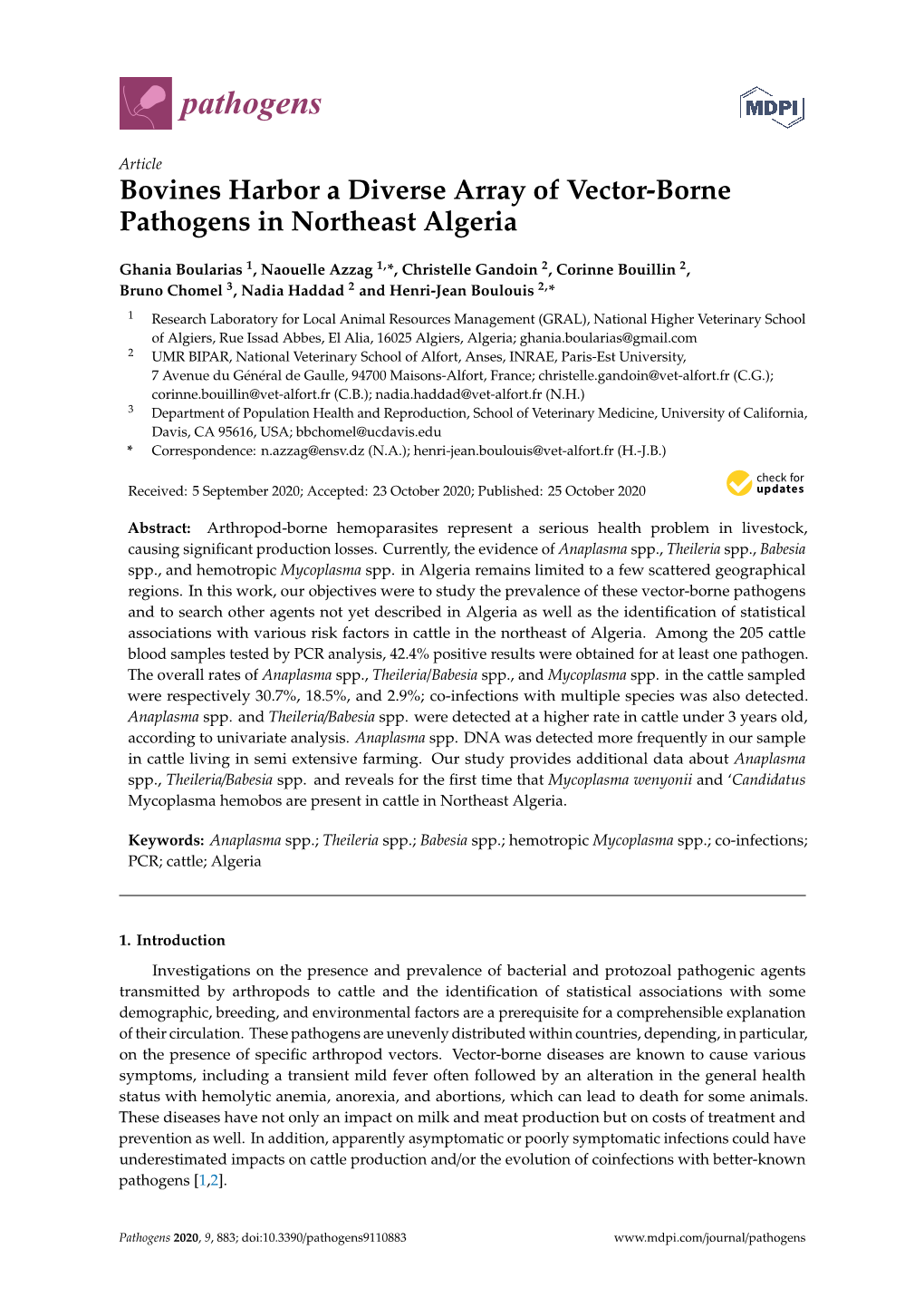 Bovines Harbor a Diverse Array of Vector-Borne Pathogens in Northeast Algeria