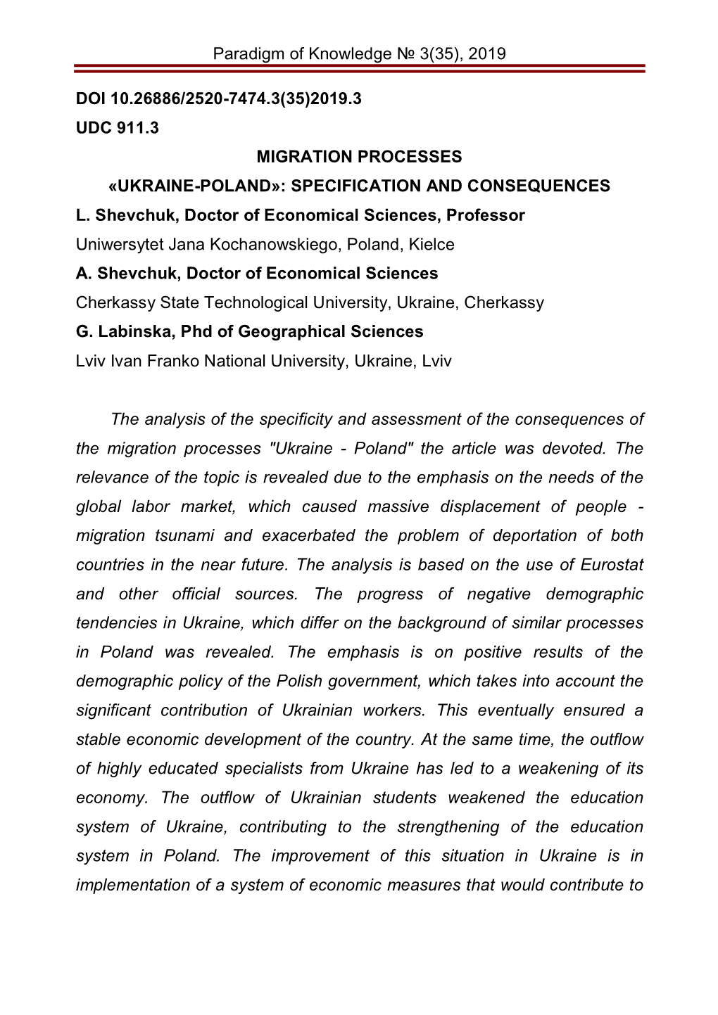 Migration Processes «Ukraine-Poland»: Specification and Consequences L