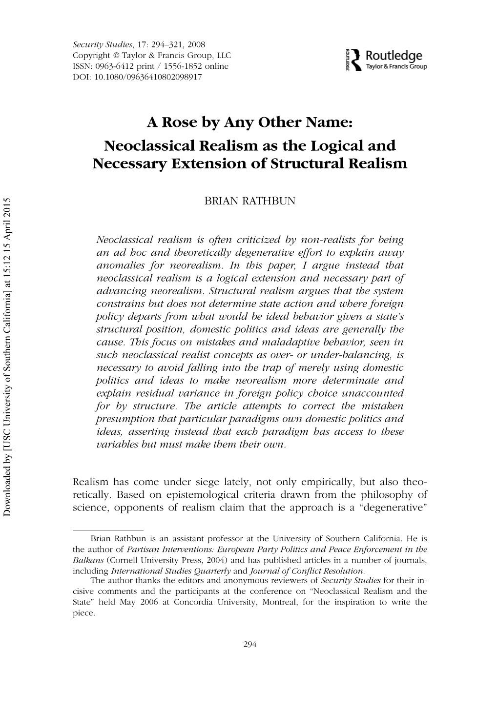 A Rose by Any Other Name: Neoclassical Realism As the Logical and Necessary Extension of Structural Realism