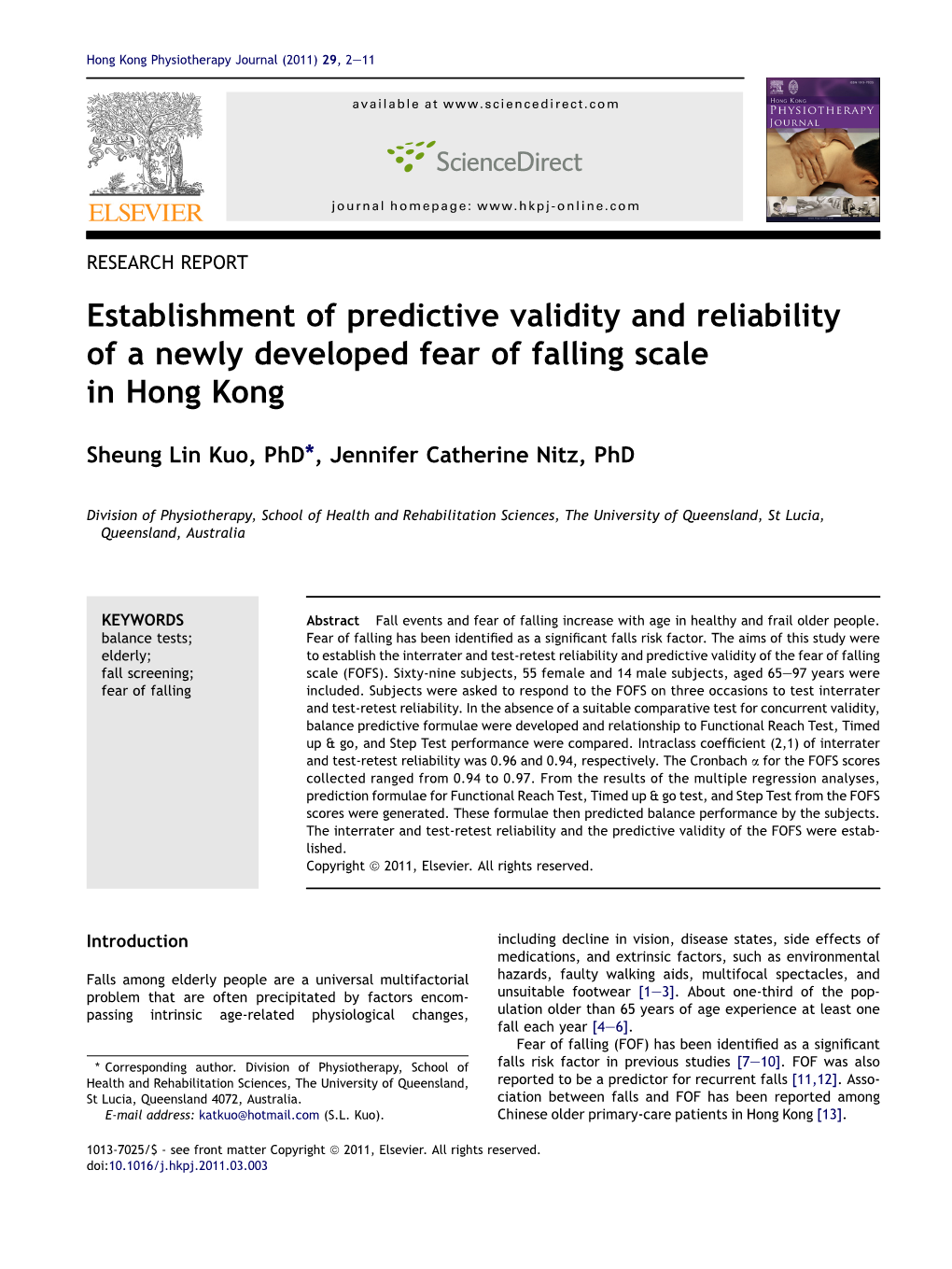 Establishment of Predictive Validity and Reliability of a Newly Developed Fear of Falling Scale in Hong Kong