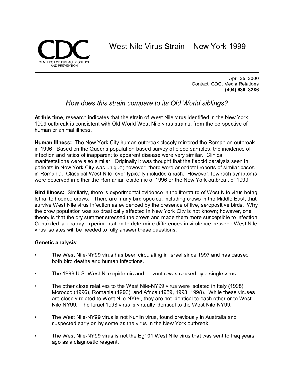 West Nile Virus Strain – New York 1999