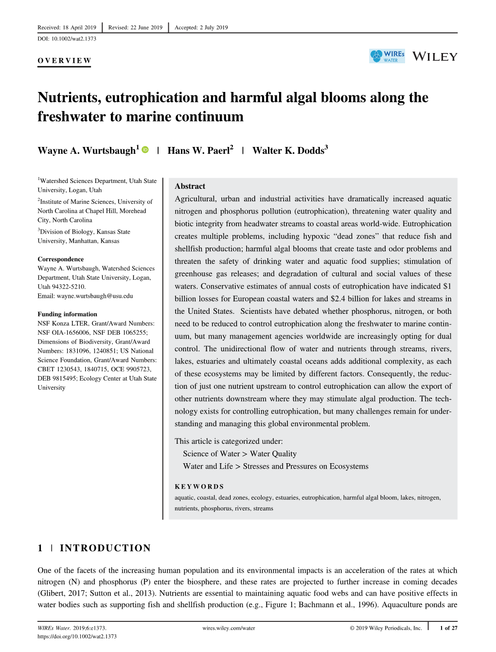 Nutrients, Eutrophication and Harmful Algal Blooms Along the Freshwater to Marine Continuum