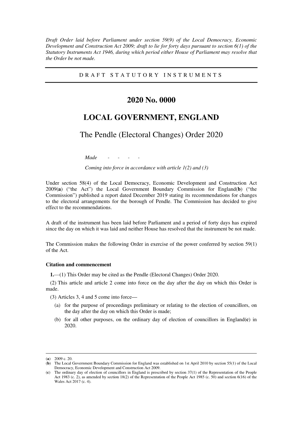 The Pendle (Electoral Changes) Order 2020