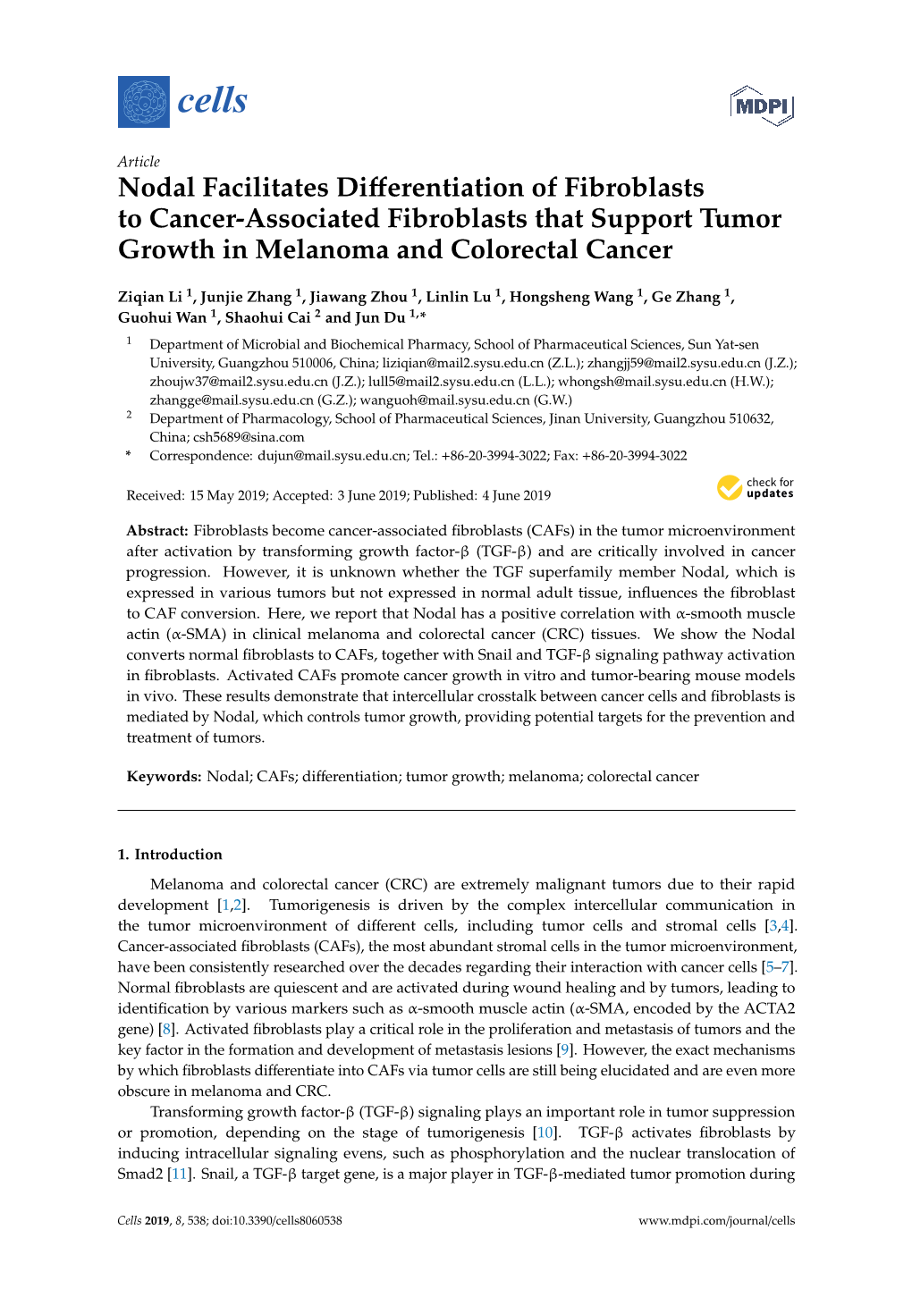 Nodal Facilitates Differentiation of Fibroblasts to Cancer-Associated