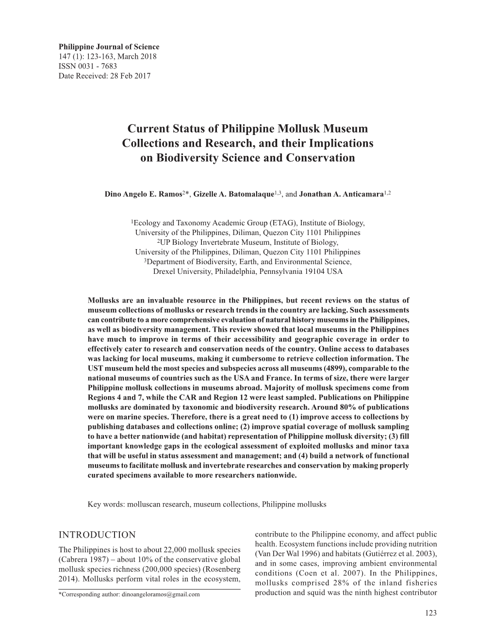 Current Status of Philippine Mollusk Museum Collections and Research, and Their Implications on Biodiversity Science and Conservation