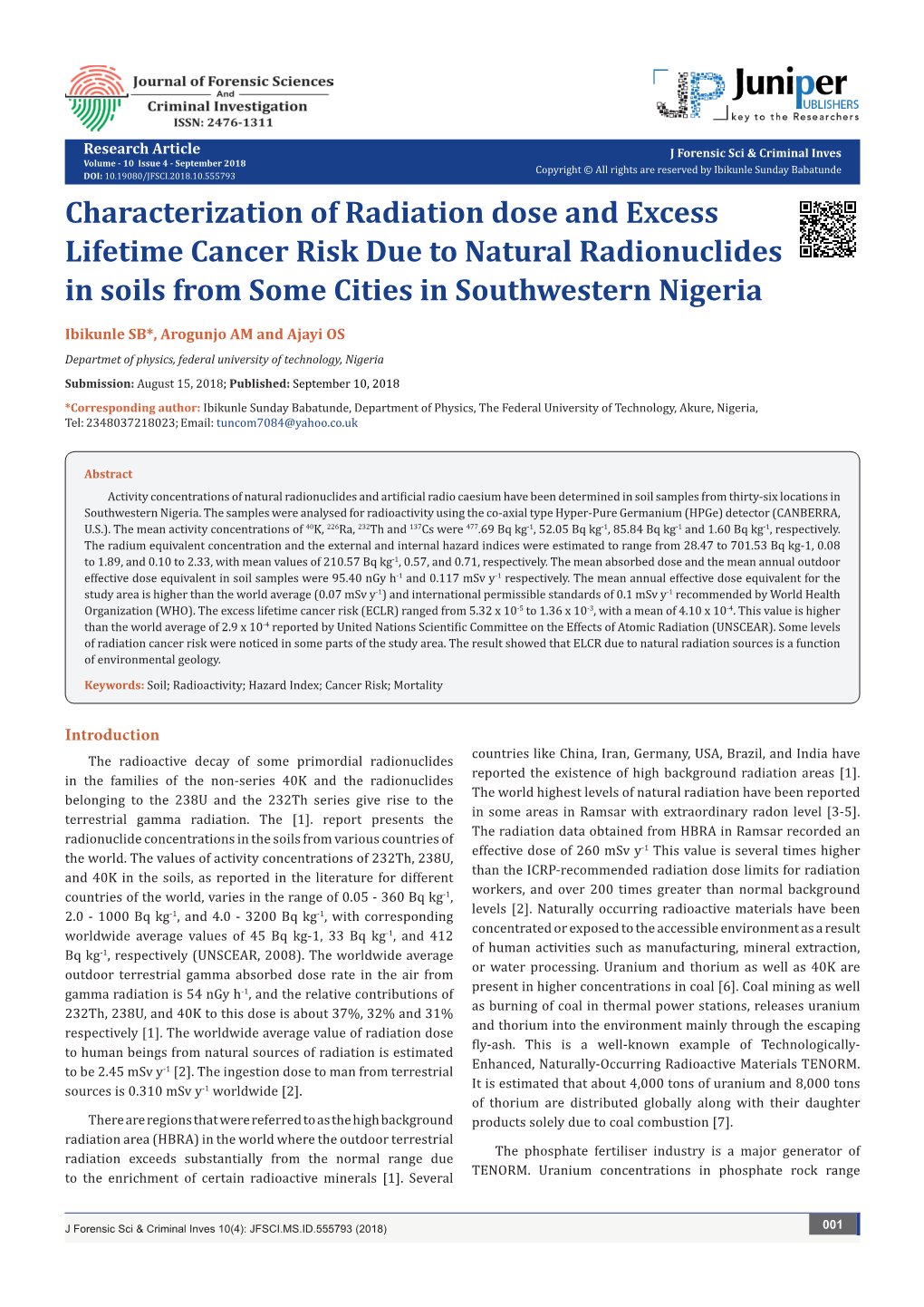 Characterization of Radiation Dose and Excess Lifetime Cancer Risk Due to Natural Radionuclides in Soils from Some Cities in Southwestern Nigeria