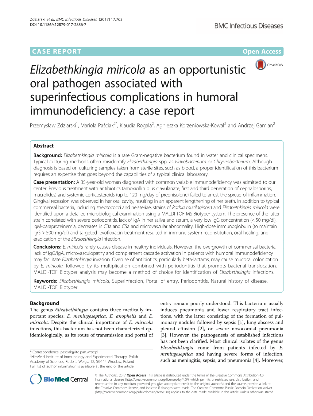 Elizabethkingia Miricola As an Opportunistic Oral Pathogen Associated with Superinfectious Complications in Humoral Immunodefici