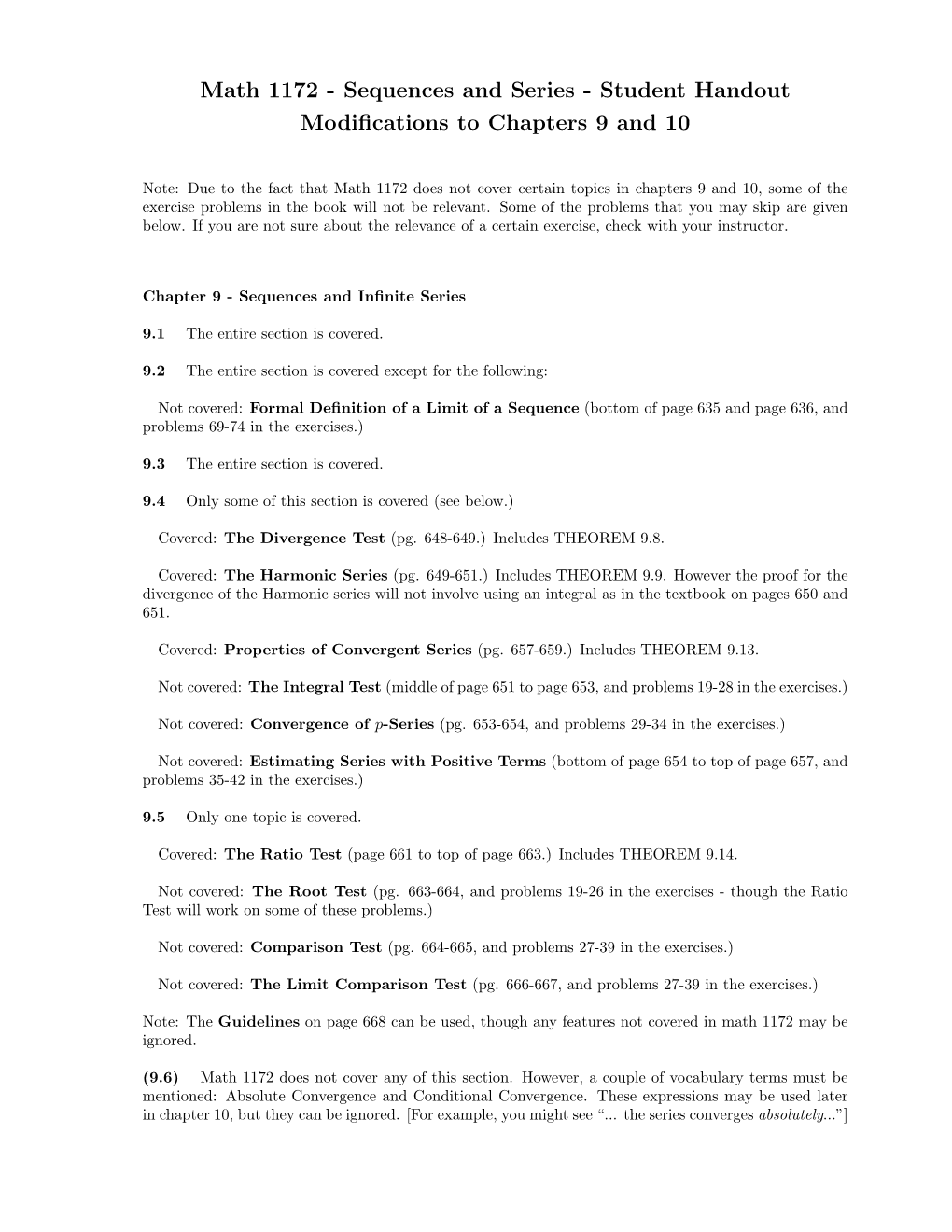 Math 1172 - Sequences and Series - Student Handout Modiﬁcations to Chapters 9 and 10