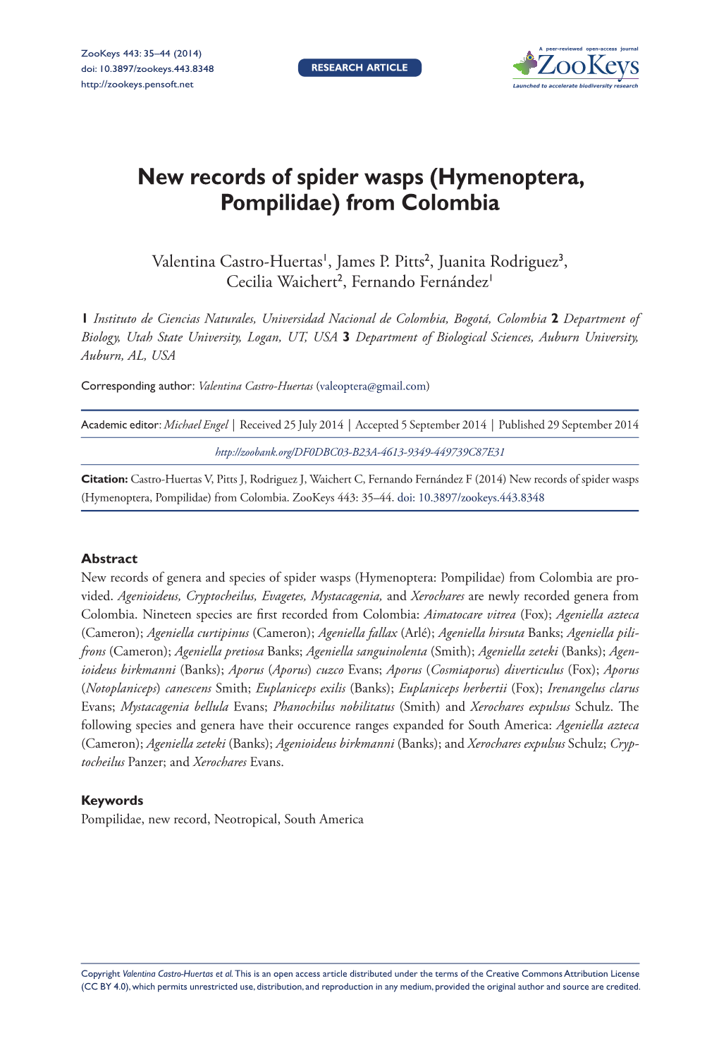 Hymenoptera, Pompilidae) from Colombia 35 Doi: 10.3897/Zookeys.443.8348 RESEARCH ARTICLE Launched to Accelerate Biodiversity Research