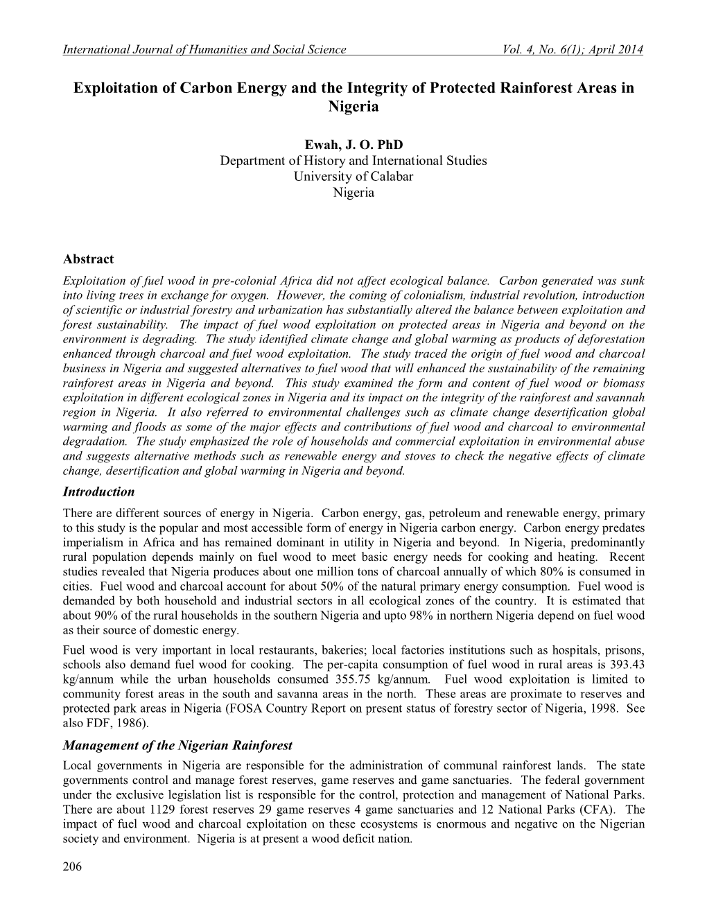 Exploitation of Carbon Energy and the Integrity of Protected Rainforest Areas in Nigeria