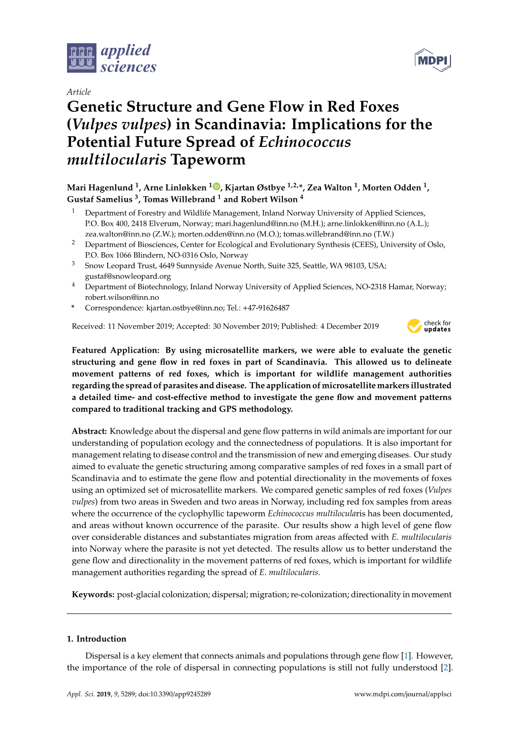 Genetic Structure and Gene Flow in Red Foxes (Vulpes Vulpes) in Scandinavia: Implications for the Potential Future Spread of Echinococcus Multilocularis Tapeworm