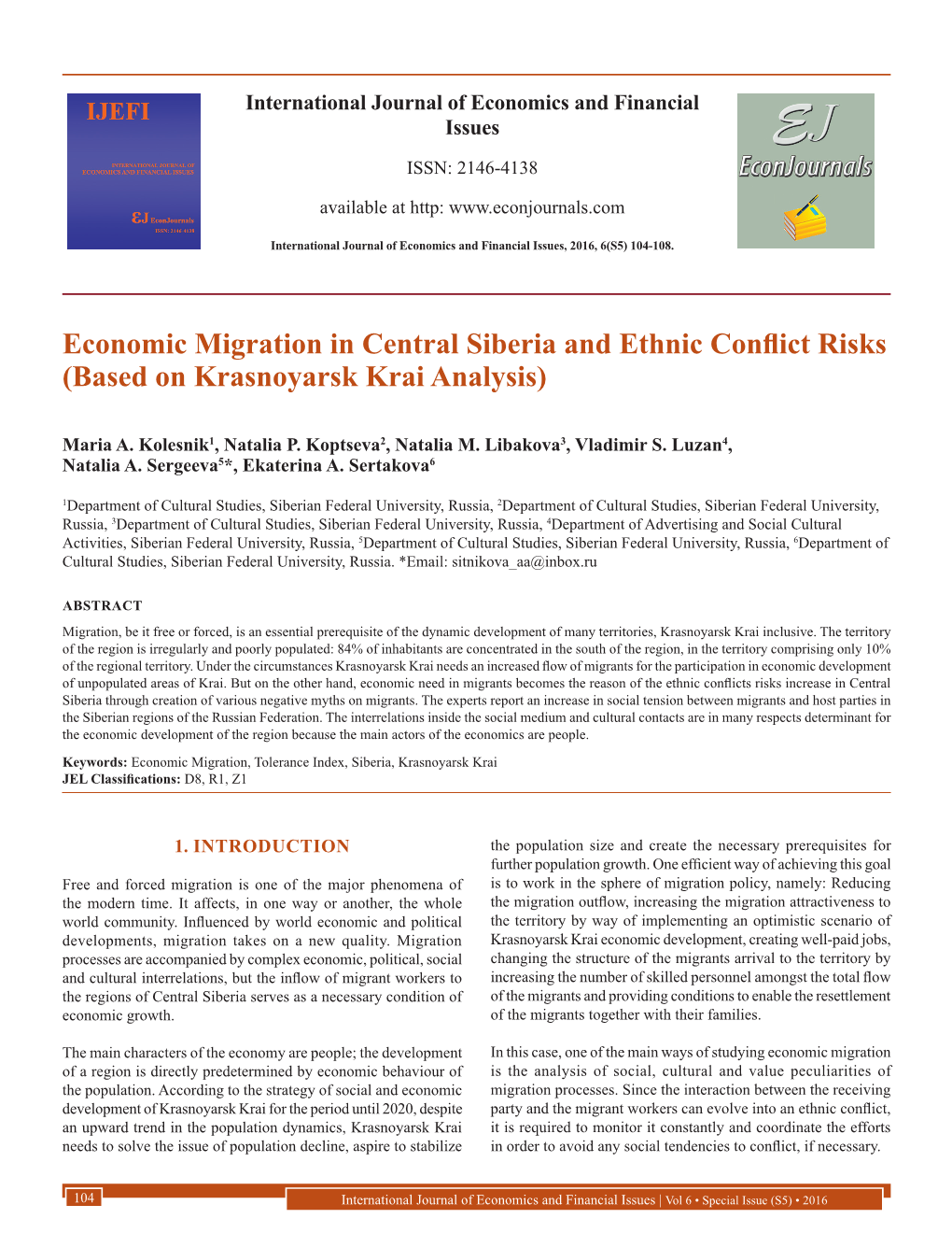 Economic Migration in Central Siberia and Ethnic Conflict Risks (Based on Krasnoyarsk Krai Analysis)