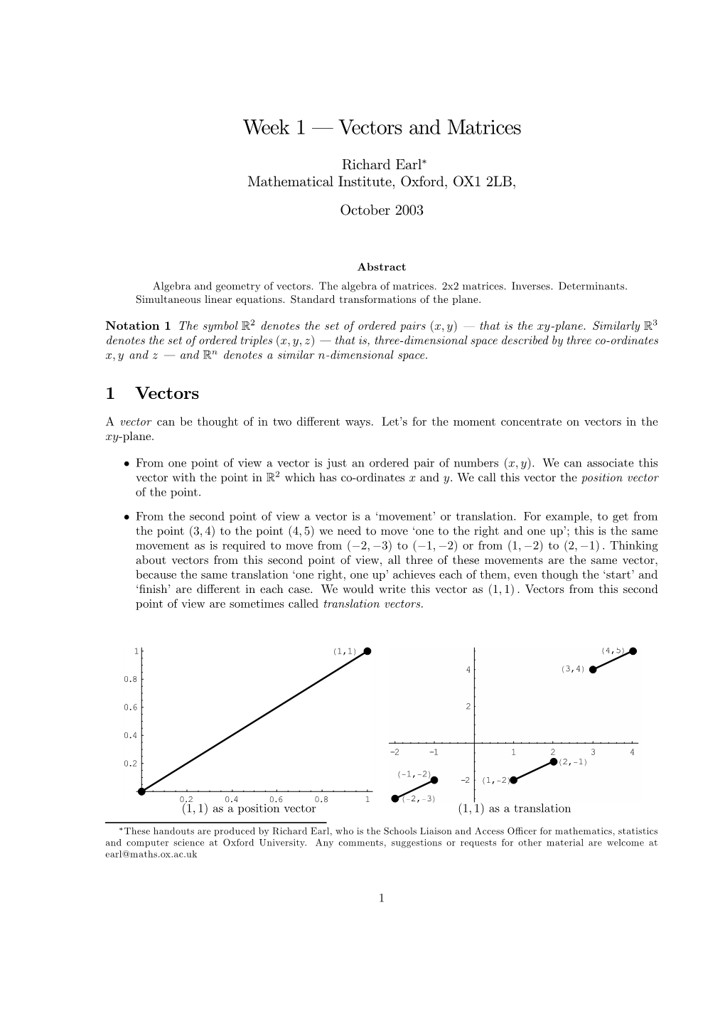 Week 1 – Vectors and Matrices