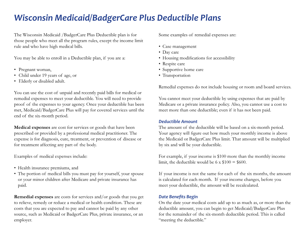 Medicaid/Badgercare Plus Deductible, P-10052