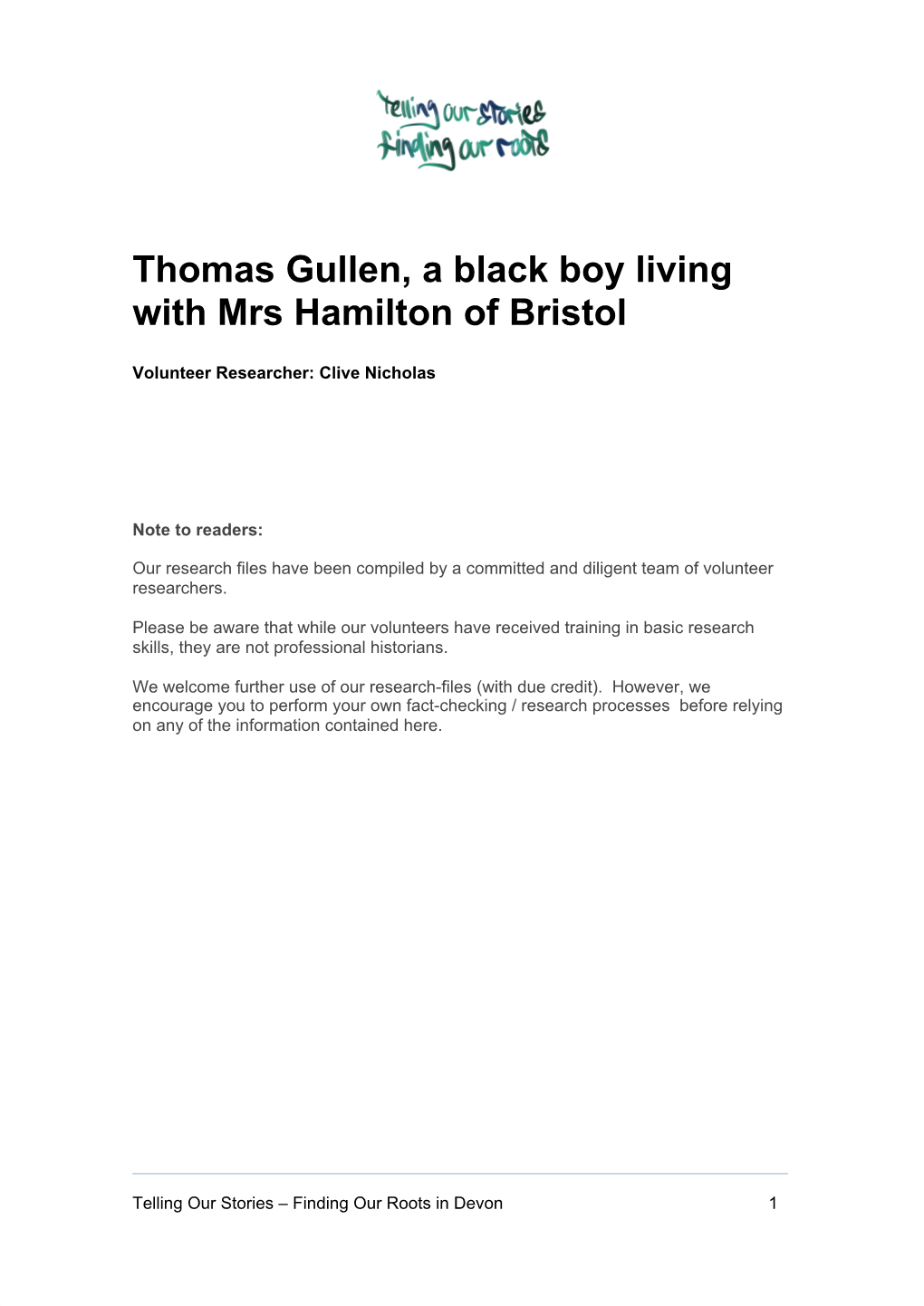 Thomas Gullen, a Black Boy Living with Mrs Hamilton of Bristol