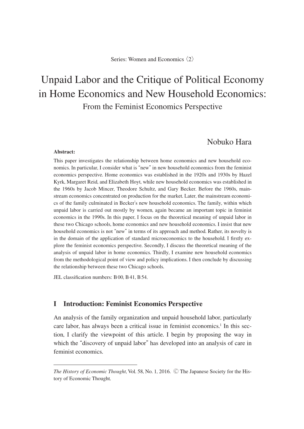 Unpaid Labor and the Critique of Political Economy in Home Economics and New Household Economics: from the Feminist Economics Perspective