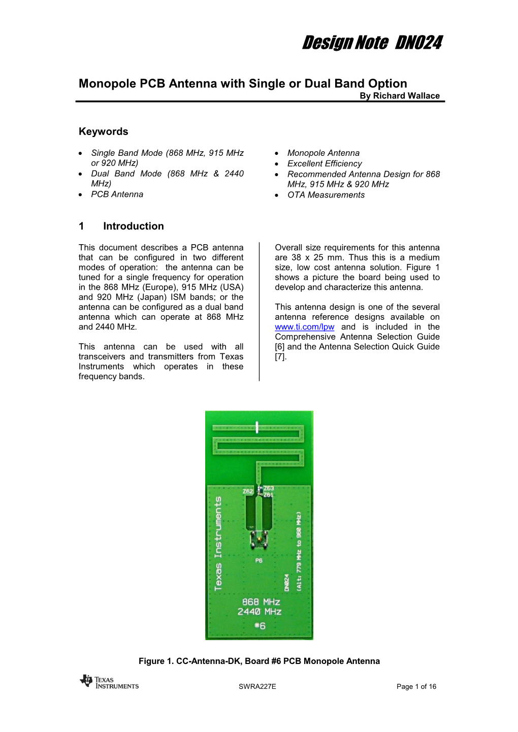 DN024 -- 868 Mhz, 915 Mhz and 955 Mhz Monopole PCB Antenna