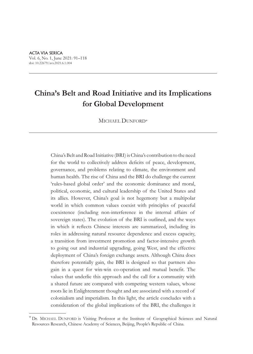 China's Belt and Road Initiative and Its Implications for Global Development